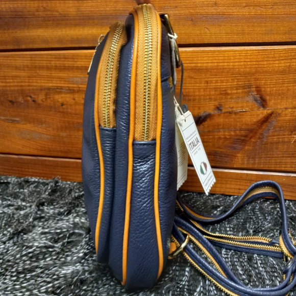 Valentina Genuine Italian Leather Backpack, Convertible Straps, Navy/Tan Trim. main image 6